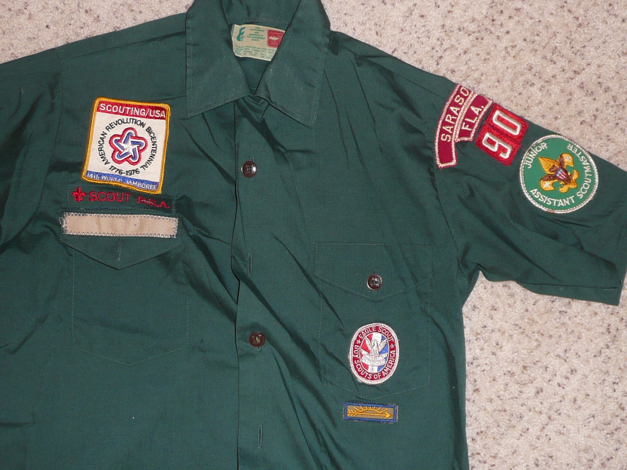 1970's Boy Scout Explorer Uniform Shirt with 1975 World Jamboree and Eagle from Sarasota FL, 19" chest 26" length, #FB99