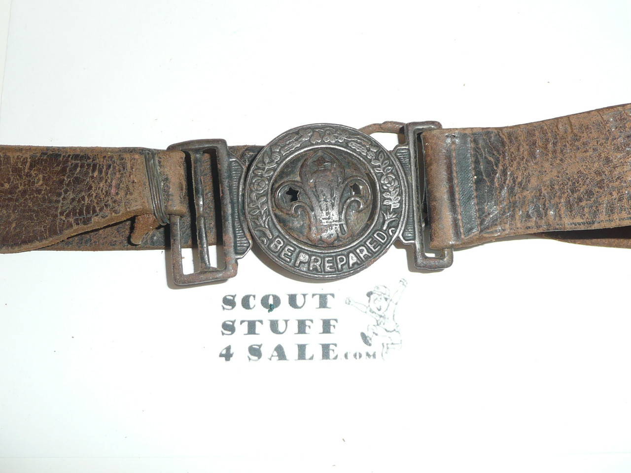 Early British Boy Scout Cast Belt Buckle on Leather Belt, used and repaired