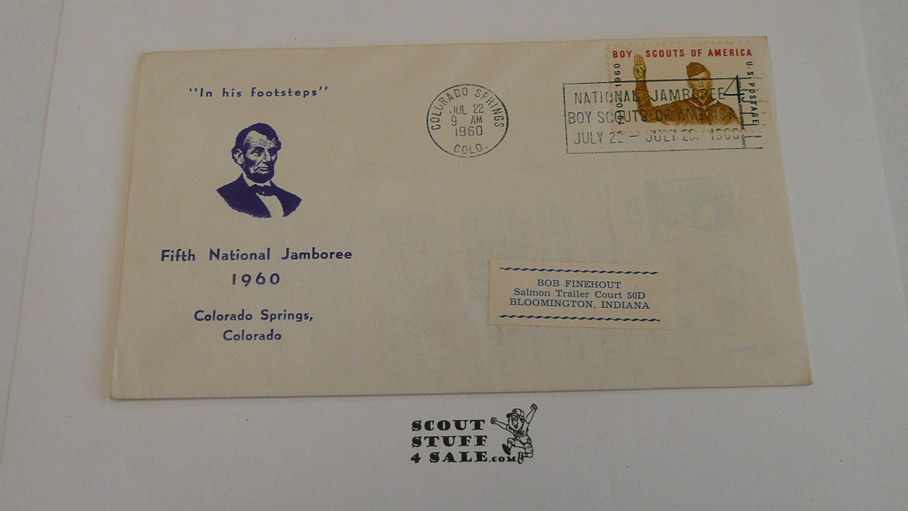 1960 National Jamboree "In his footsteps" Lincoln Envelope with Jamboree First Day cancellation and  BSA 4 cent stamp