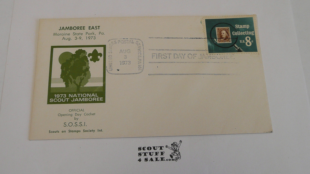1973 National Jamboree East SOSSI FDC Envelope with Jamboree First Day cancellation, has stamp collecting stamp