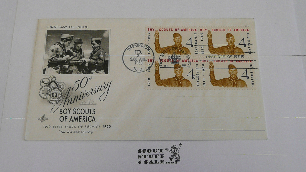 Boy Scouts of America 50th Anniversary Celebration FDC Envelope with first day cancellation and  Four BSA 4 cent stamp