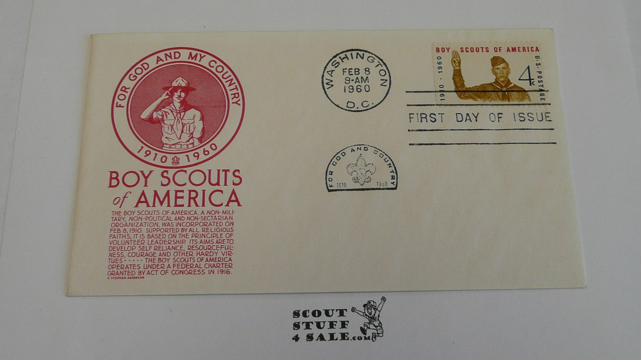 Boy Scouts of America 50th Anniversary Celebration FDC Envelope with first day of issue cancellation and BSA 4 cent stamp, for God and Country