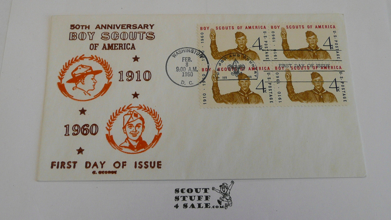 Boy Scouts of America 50th Anniversary Celebration FDC Envelope with first day of issue cancellation and Four BSA 4 cent stamps