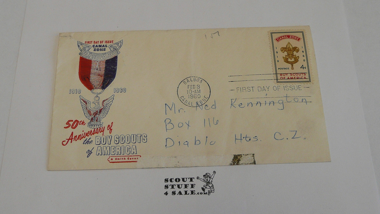 Boy Scouts of America 50th Anniversary Celebration Envelope with first day cancellation and a Canal Zone BSA 4 cent stamp, eagle medal