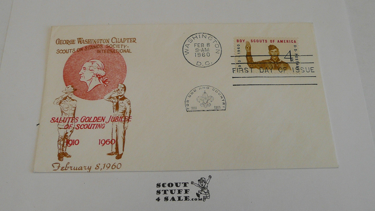 Boy Scouts of America 50th Anniversary Celebration SOSSI George Washington Chapter FDC Envelope with first day of issue cancellation and BSA 4 cent stamp