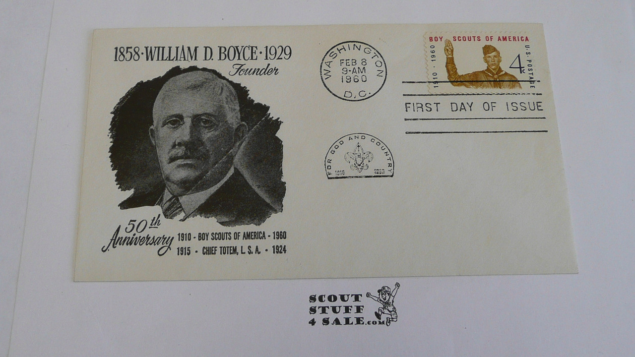 Boy Scouts of America 50th Anniversary Celebration Stamp FDC Envelope with first day of issue cancellation and BSA 4 cent stamp, WD Boyce #2