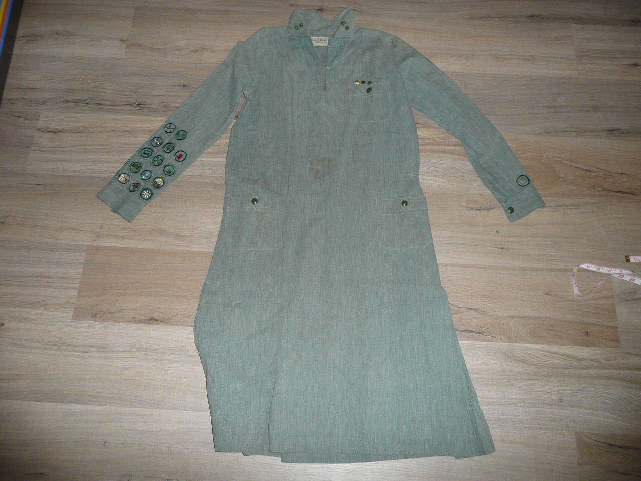 1930's Girl Scout Uniform with many patches, 20" chest x 42" length, GS8