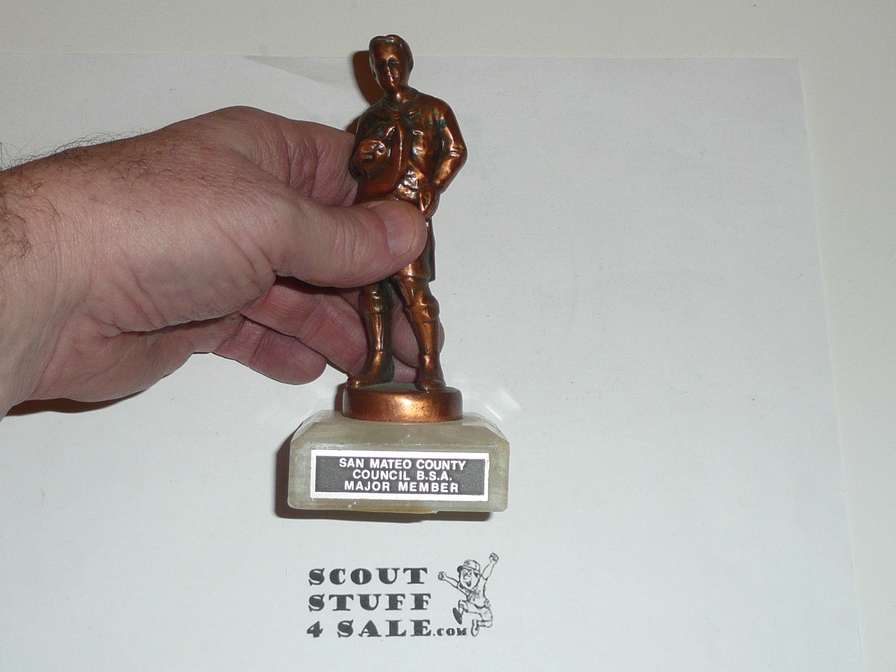 1960's mckenzie Boy Scout Trophy, Copper finish, 4.5 high on marble base, San Mateo County Council