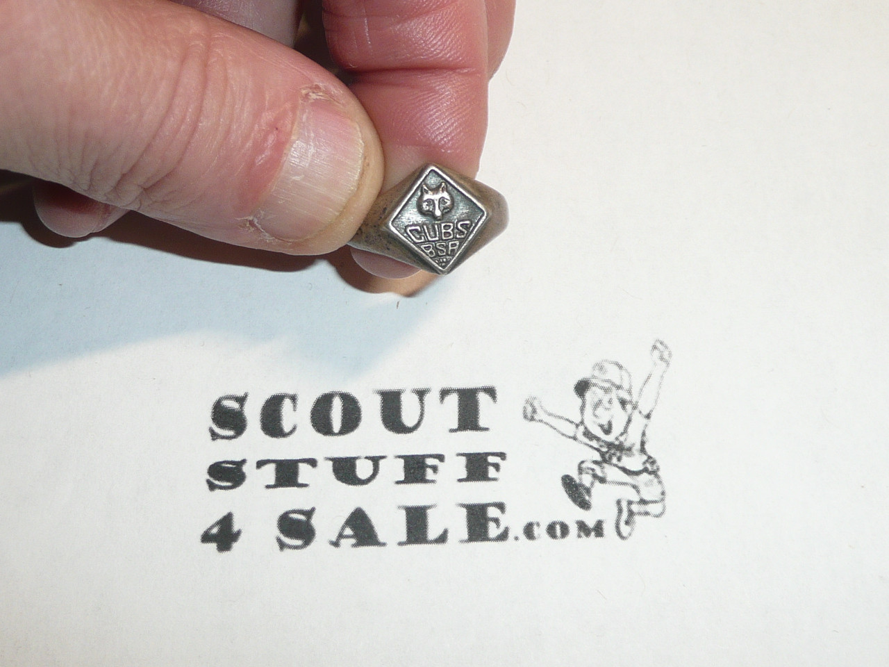 Cub Scout Silver RIng, 1950's, Wolf Emblem "CUBS BSA", Sterling Silver, Size Unknown, Stamped variety