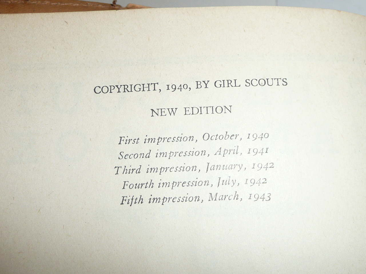 1943 Official Girl Scout Handbook, hardbound, 3-43 Printing, 5th printing, leather cover and MINT book