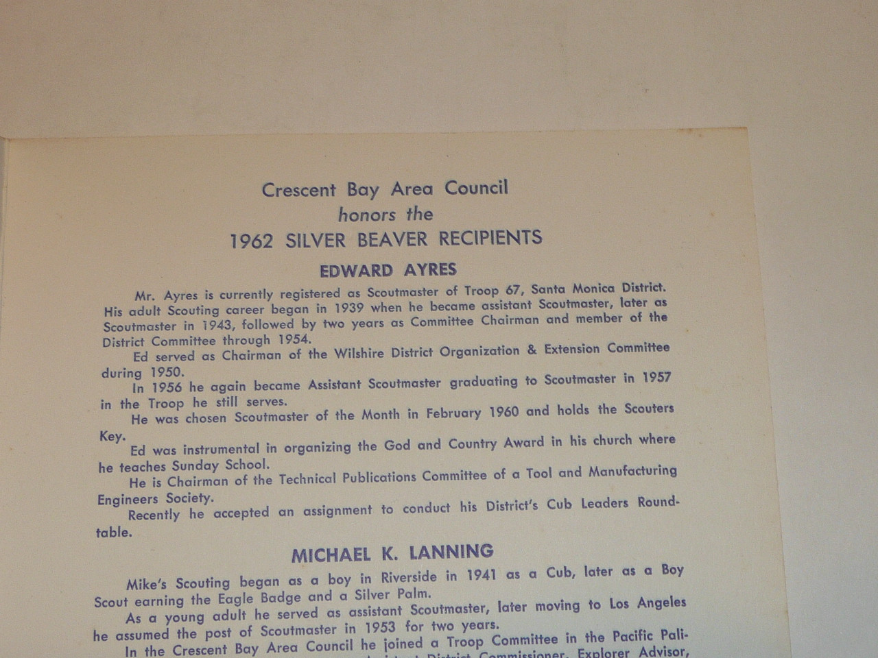 1962 Crescent Bay Area Council Silver Beaver Program, Boy Scouts