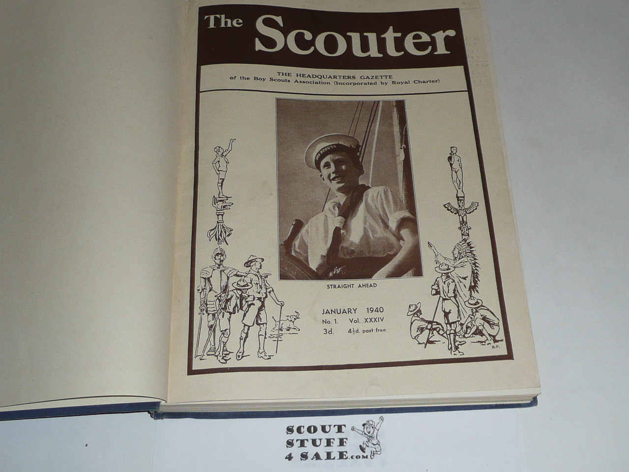 1940 Bound volume of "The Scouter", United Kingdom Scout Leader Magazine, water damage to covers only