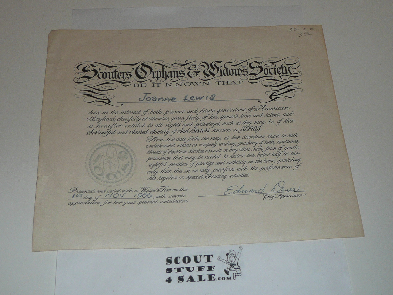 1966 Scouter's Orphans & Widows Society Certificate