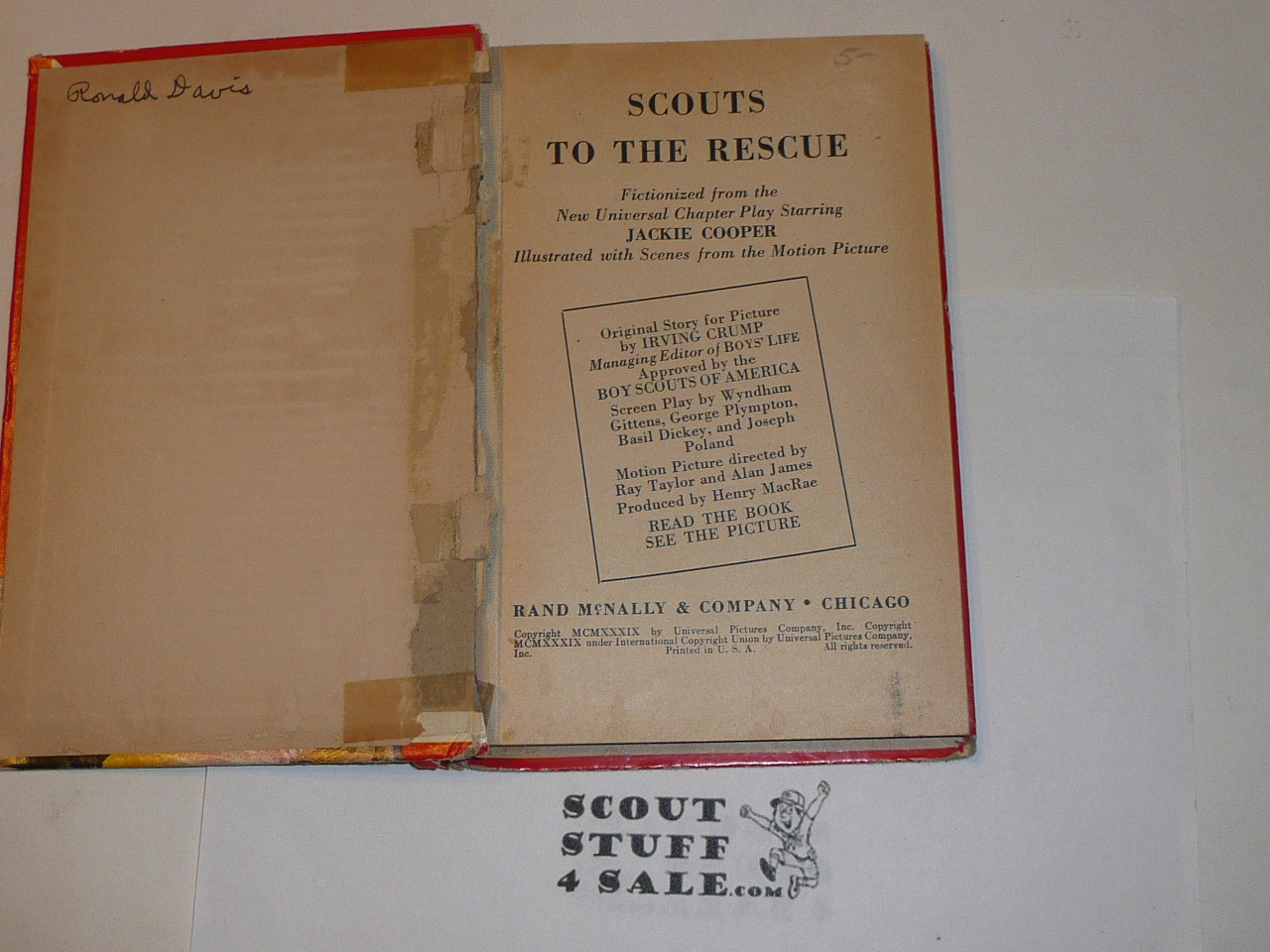 1939 Scouts to the Rescue story book, Jackie Cooper movie, cover separated from spine