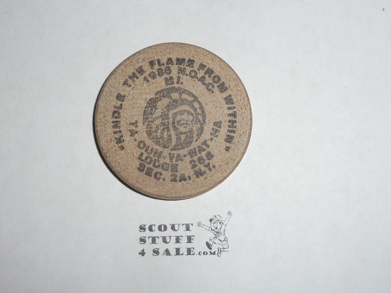 Ta-Oun-Ya-Wat-Ha O.A. Lodge #268 Wooden Nickel from 1986 NOAC
