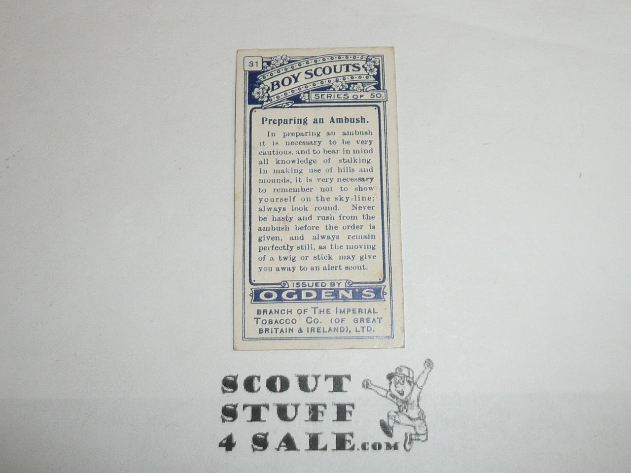 Ogden Tabacco Company Premium Card, First Boy Scout Series of 50 (Blue Backs), Card #31 Preparing an Ambush, 1911
