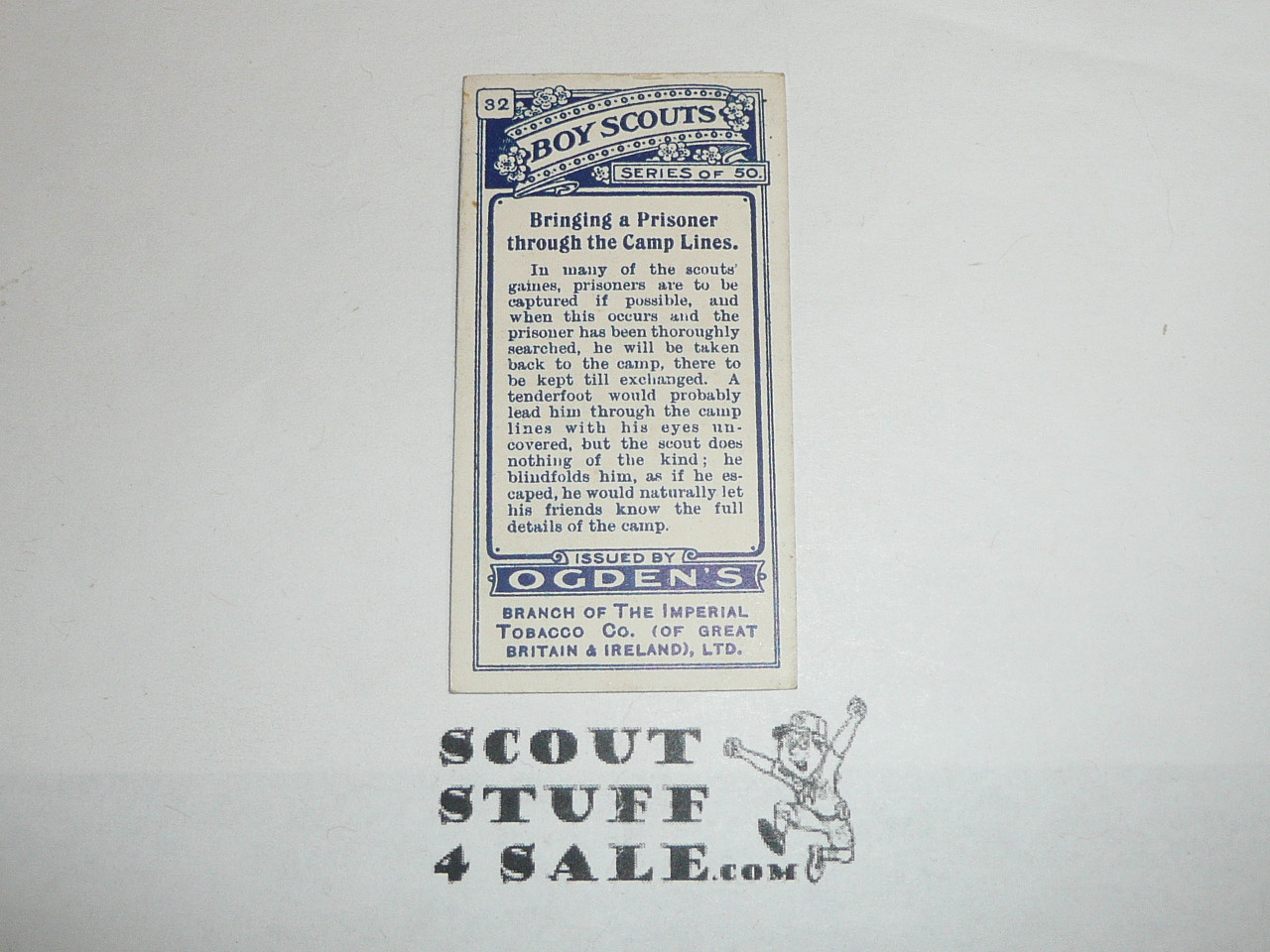 Ogden Tabacco Company Premium Card, First Boy Scout Series of 50 (Blue Backs), Card #33 Bringing a Prisoner Through the Camp Lines, 1911