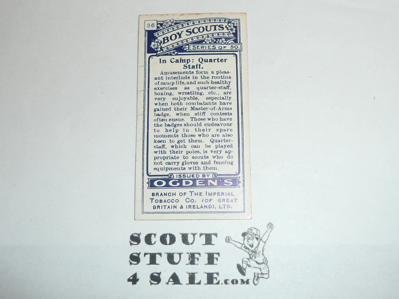 Ogden Tabacco Company Premium Card, First Boy Scout Series of 50 (Blue Backs), Card #36 In Camp: Quarter Staff, 1911