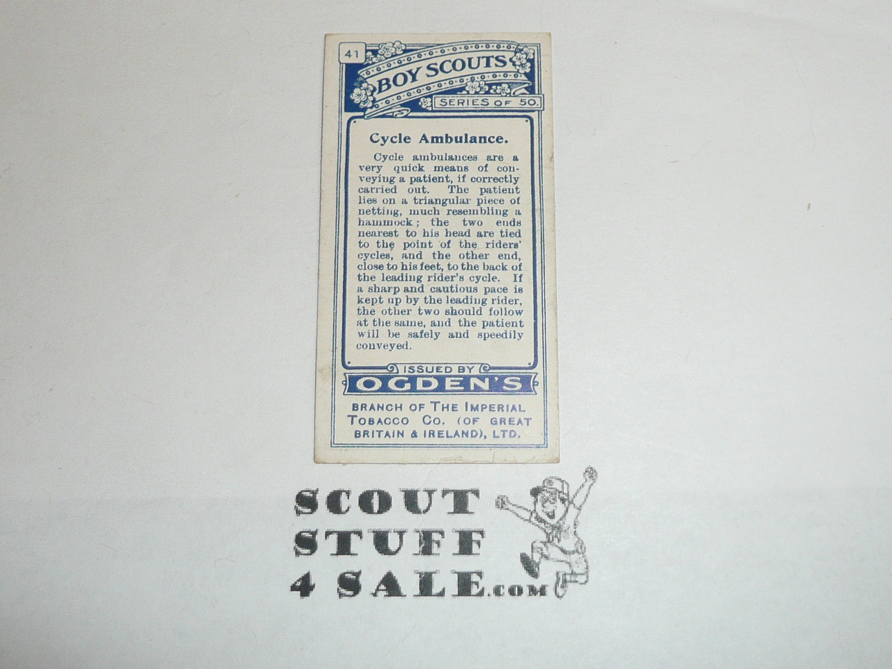 Ogden Tabacco Company Premium Card, First Boy Scout Series of 50 (Blue Backs), Card #41 Cycle Ambulance, 1911