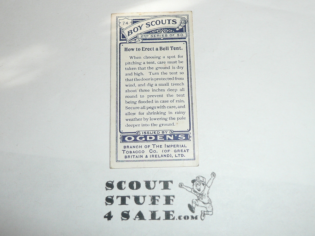 Ogden Tabacco Company Premium Card, Second Boy Scout Series of 50 (Blue Backs), Card #74 How to Erect a Bell Tent, 1912