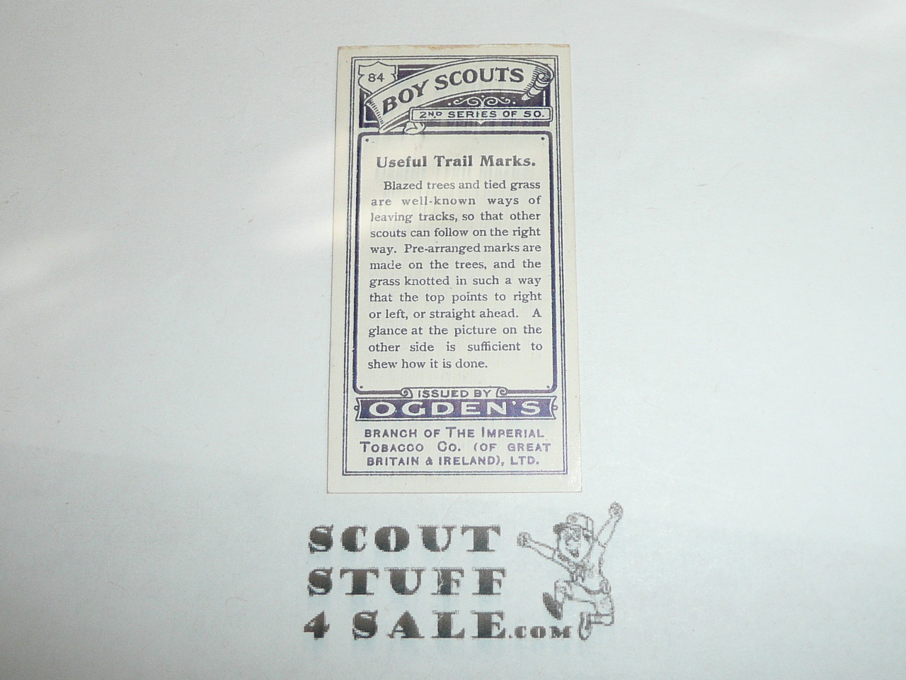 Ogden Tabacco Company Premium Card, Second Boy Scout Series of 50 (Blue Backs), Card #84 Useful Trail Markers, 1912