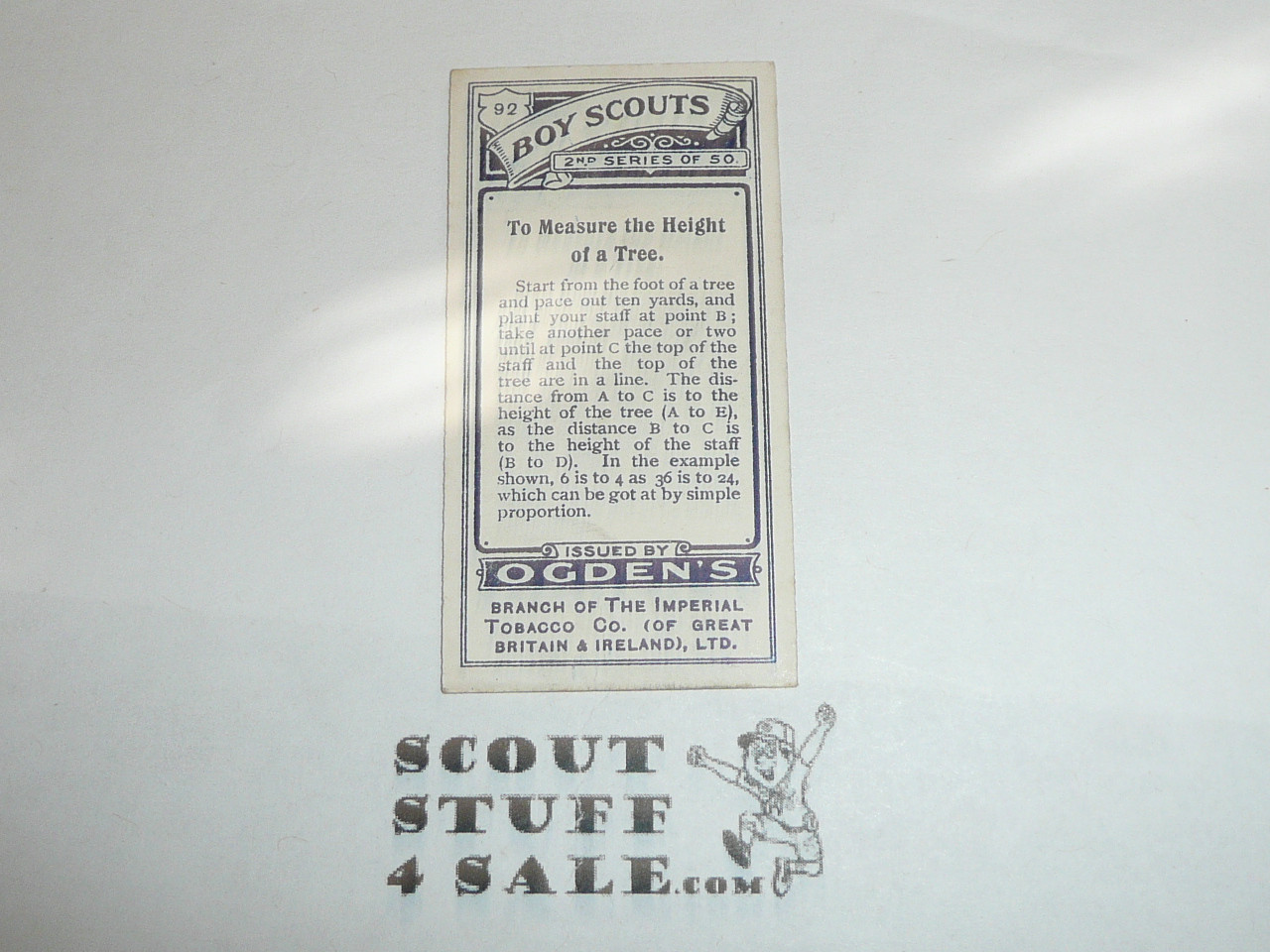 Ogden Tabacco Company Premium Card, Second Boy Scout Series of 50 (Blue Backs), Card #92 To Measure the Height of a Tree, 1912
