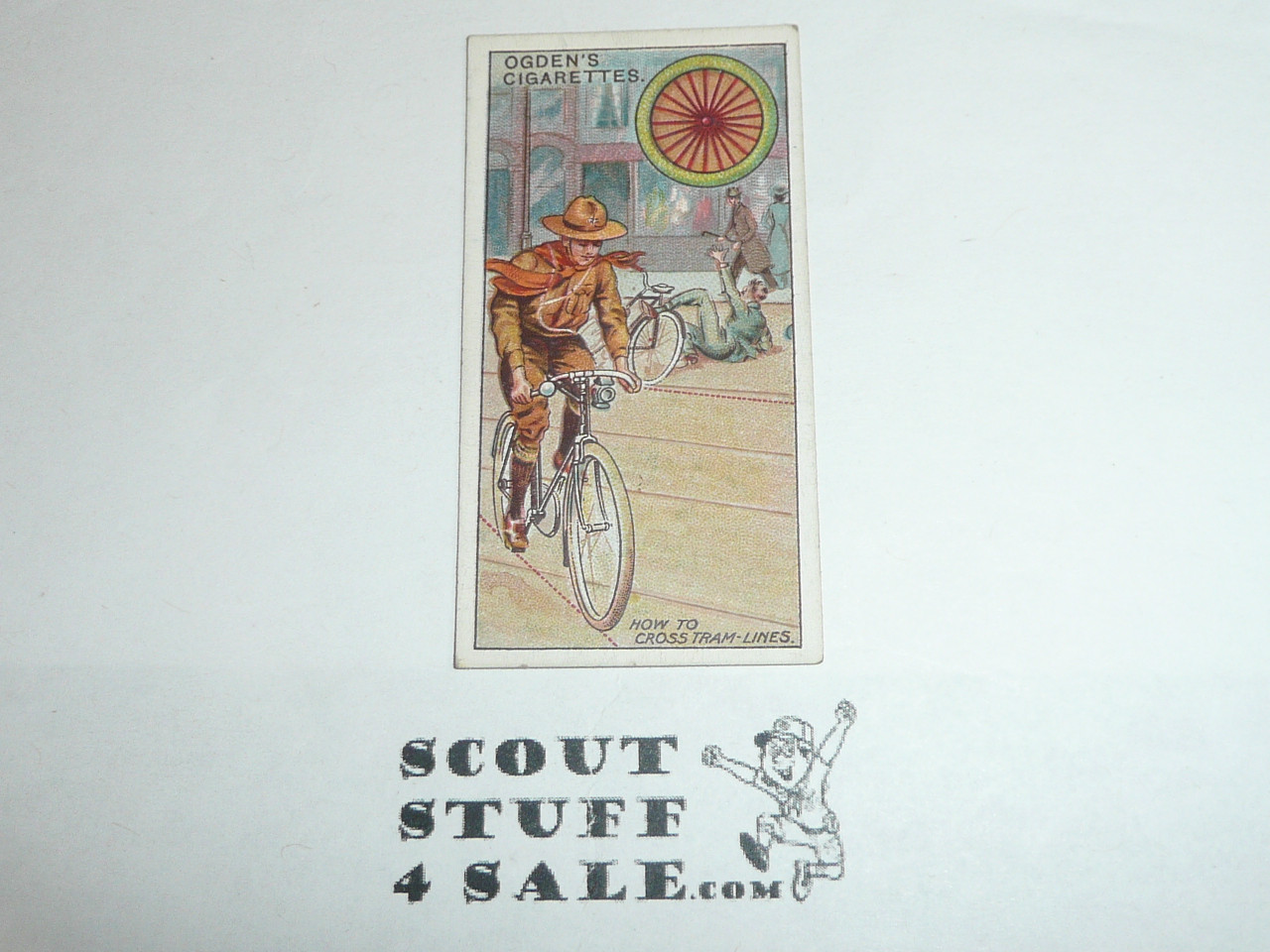 Ogden Tabacco Company Premium Card, Third Boy Scout Series of 50 (Blue Backs), Card #101 How to Cross Tram-lines on a Muddy Day, 1912