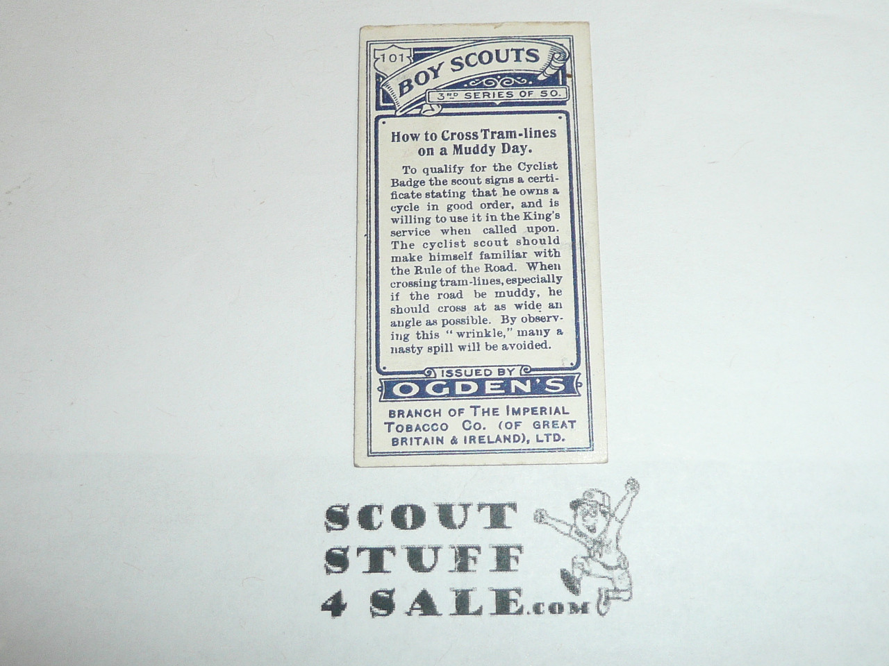 Ogden Tabacco Company Premium Card, Third Boy Scout Series of 50 (Blue Backs), Card #101 How to Cross Tram-lines on a Muddy Day, 1912