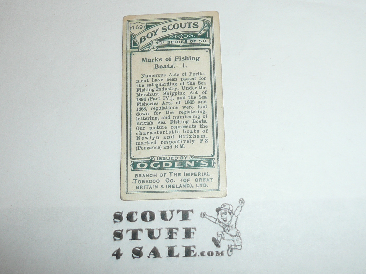 Ogden Tabacco Company Premium Card, Fourth Boy Scout Series of 50, Card #169 Marks of Fishing BoatsBoats, 1913