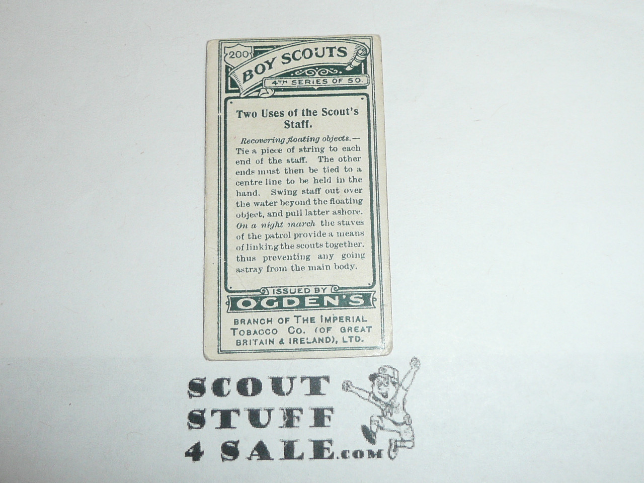 Ogden Tabacco Company Premium Card, Fourth Boy Scout Series of 50, Card #200 Two Uses of the Scout's Staff, 1913