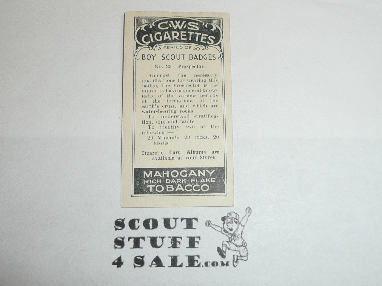 CWS Cigarette Company Premium Card, Boy Scout Badges Series of 50, Card #23 Prospector, 1939