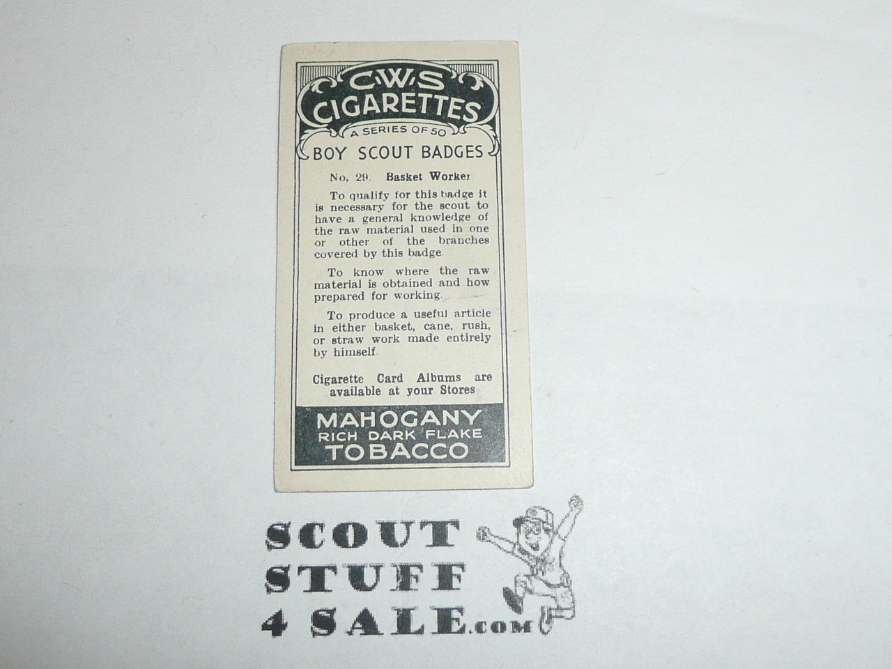 CWS Cigarette Company Premium Card, Boy Scout Badges Series of 50, Card #29 Basket Worker, 1939