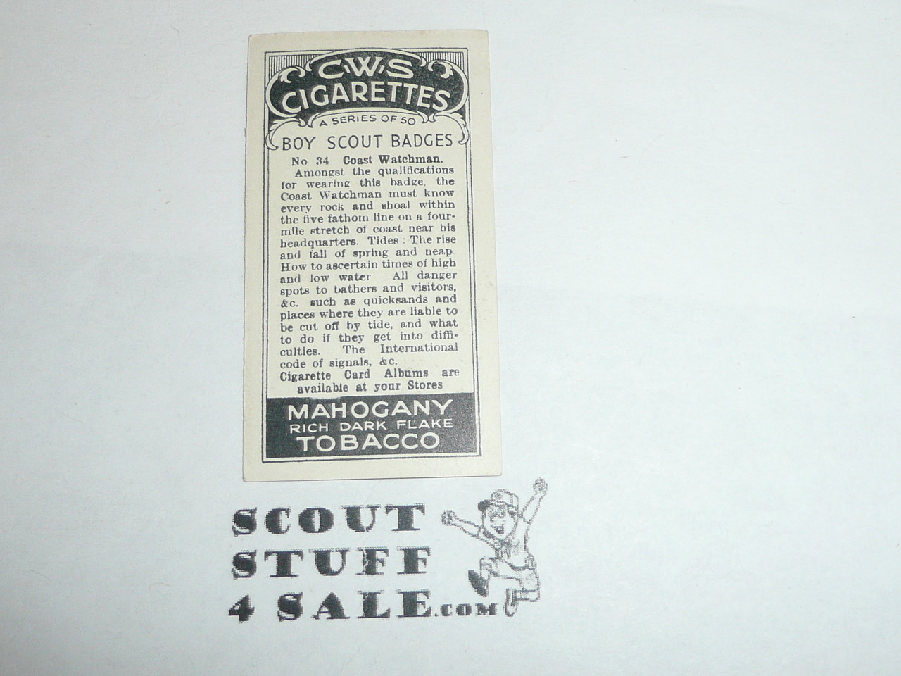 CWS Cigarette Company Premium Card, Boy Scout Badges Series of 50, Card #34 Coast Watchman, 1939