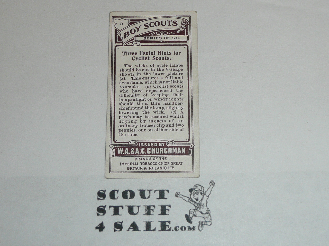 Churchman Cigarette Company Premium Card, Boy Scout Series of 50, Card #5 Three Useful Hints for Cyclist Scouts, 1916