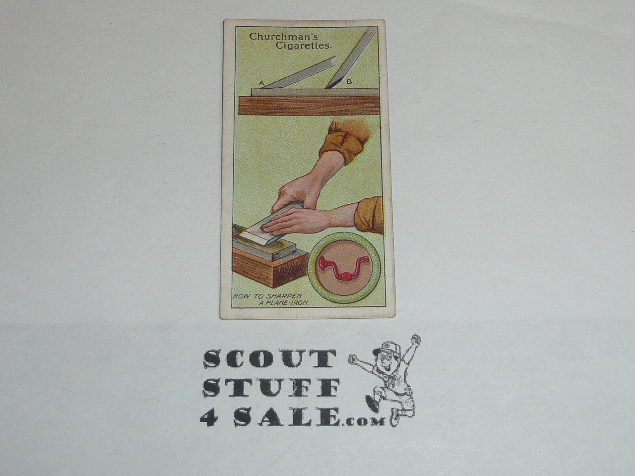 Churchman Cigarette Company Premium Card, Boy Scout Series of 50, Card #8 How to Sharpen a Plane-iron, 1916