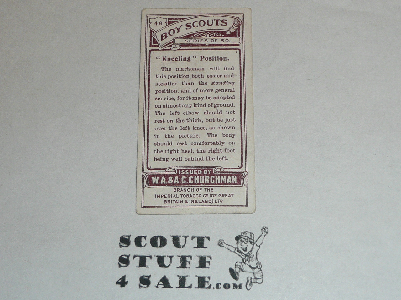 Churchman Cigarette Company Premium Card, Boy Scout Series of 50, Card #48 Kneeling Position, 1916