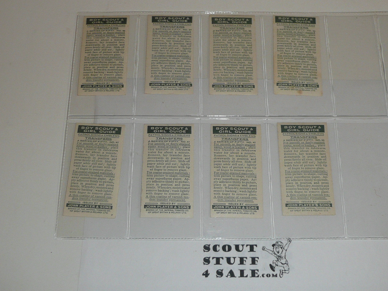 John Players Cigarette Company Premium Card, Boy Scout and Girl Guide Series of 50 Decals, COMPLETE SET, 1933