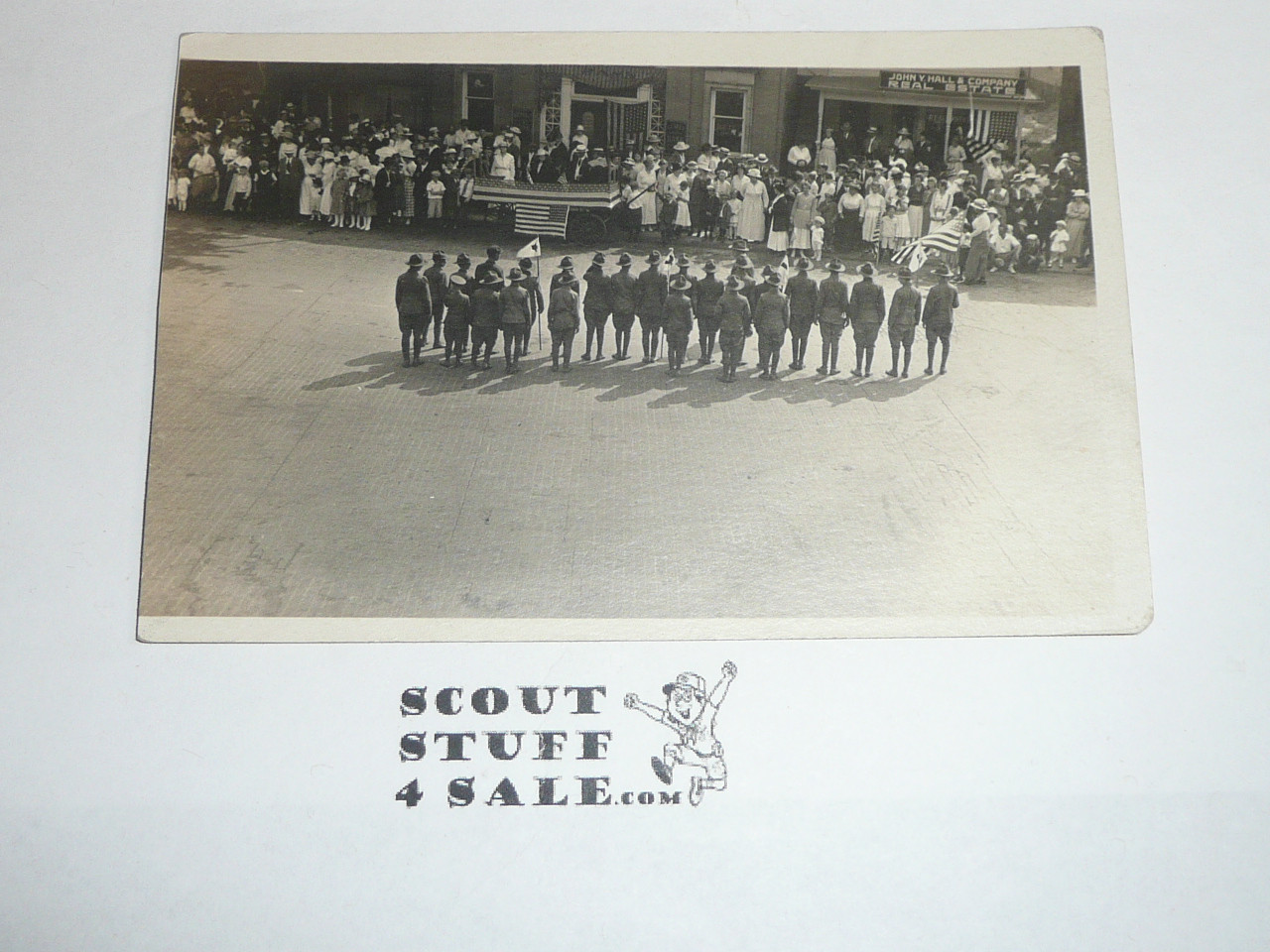 Teens Photo Postcard of a group of Boy Scouts in front of a Bank
