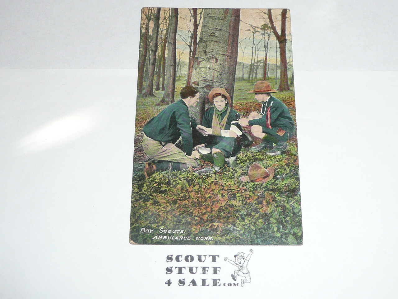 1909 British Boy Scout Postcard, colorized Photo Postcard, Boy Scout Ambulance Work