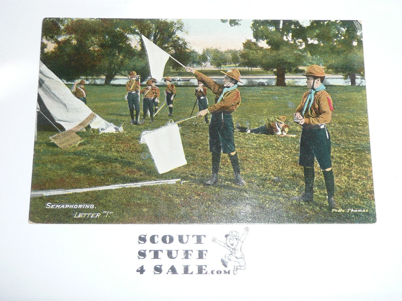 1909 British Boy Scout Postcard, colorized Photo Postcard, Boy Scouts Semaphoring Letter I, unused