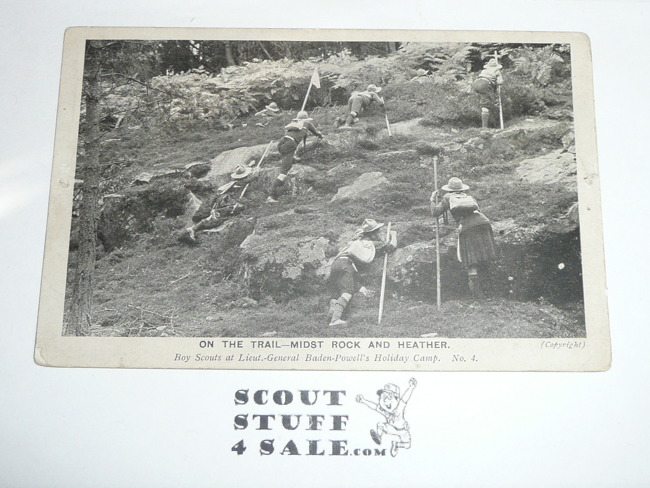 Teens British Boy Scout Postcard, On the Trail - Midst Rock and Heater, unused