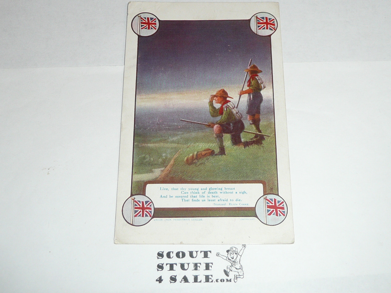 Teen's British Boy Scout Postcard, 2 Scouts with staphs and British Flags at corners