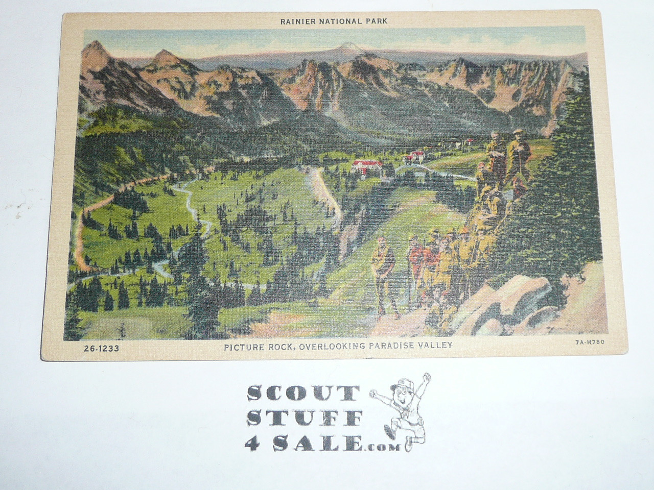 Boy Scout Colorized Postcard, A Group of Boy Scouts at Picture Rock overlooking Paradise Valley in Rainier National Park