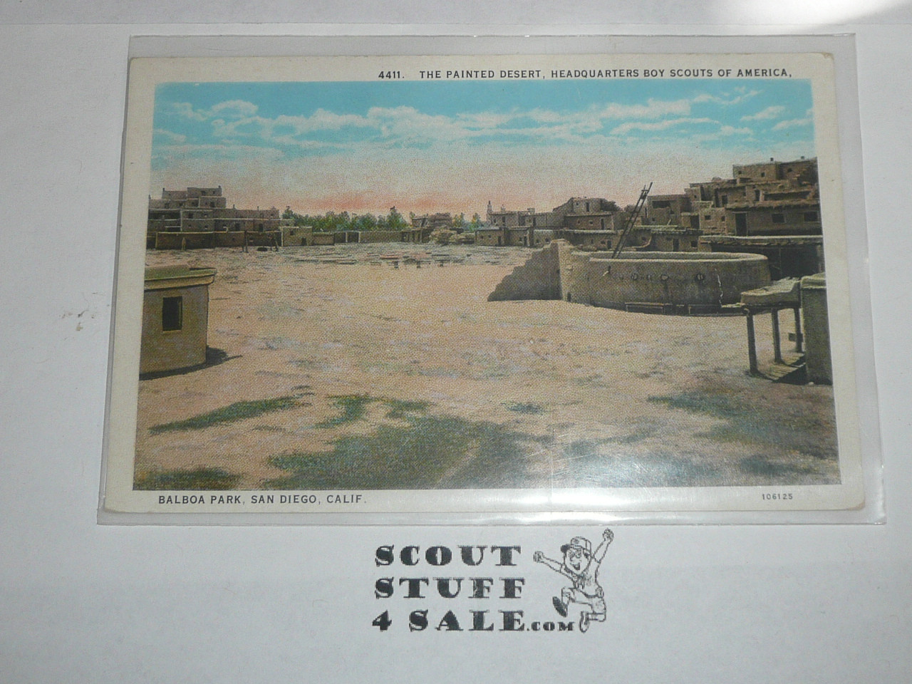 Boy Scout Colorized Postcard, The Painted Desert at Balboa Park Sand Diego CA "Headquarters of the Boy Scouts of America"