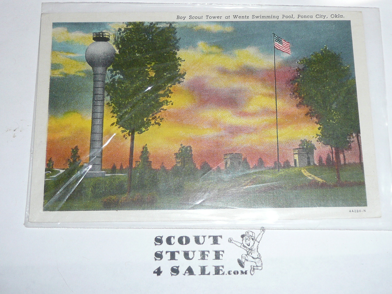 Boy Scout Colorized Postcard, Boy Scout Tower at Wentz Swimming Pool, Ponca City OK