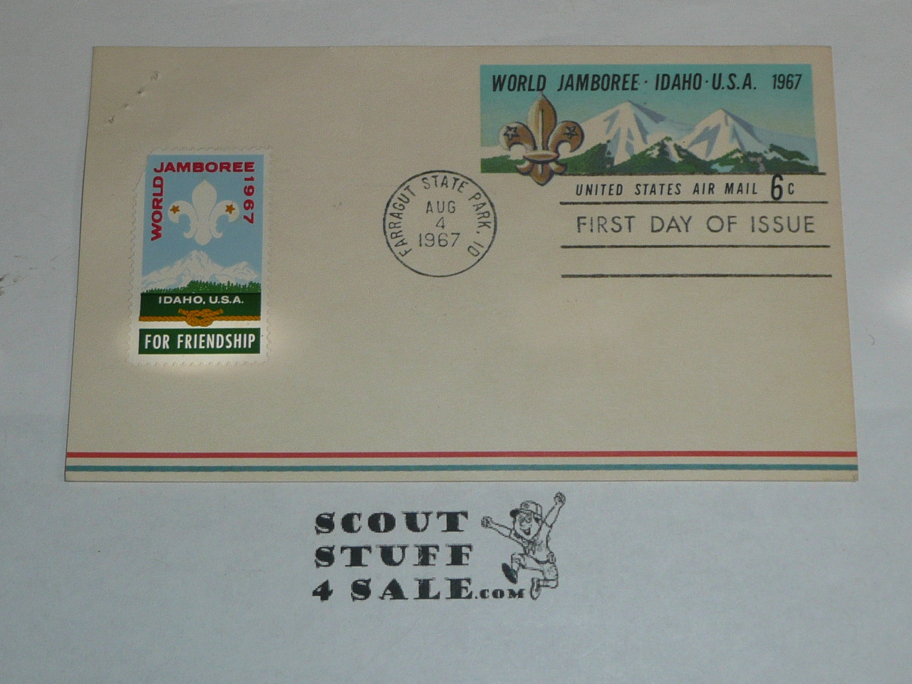 1967 World Jamboree Official Postcard 6 cent airmail Postcard, first day of issue cancellation and jamboree decal