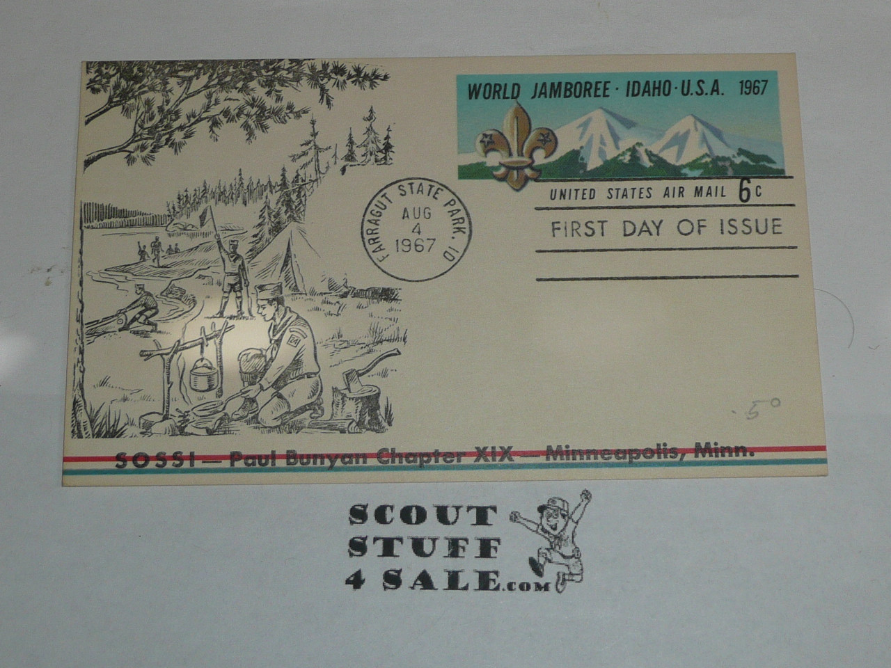 1967 World Jamboree Official Postcard 6 cent airmail Postcard, first day of issue cancellation and MN SOSSI design