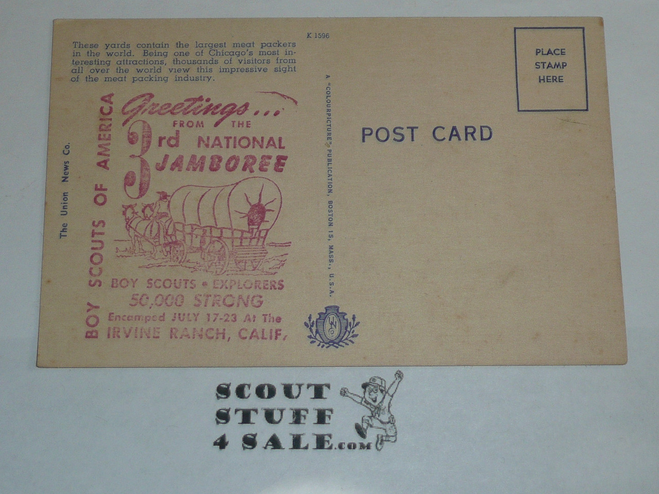 Chicago Union Stock Yards Postcard with a welcome to the 1953 National Jamboree Stamp on the back