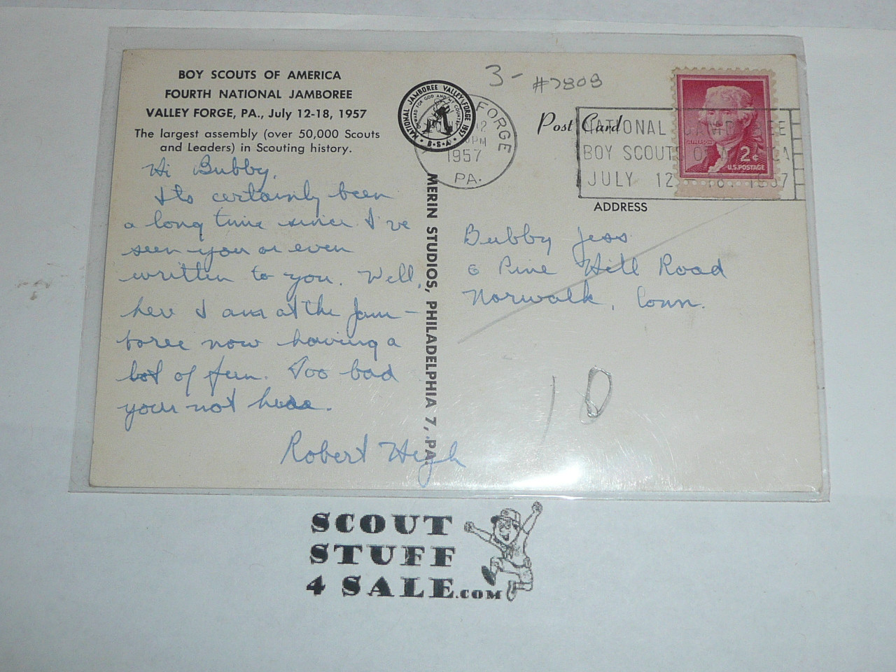 1957 National Jamboree Post Card, Official Post card, Pioneer Houses with jamboree cancellation