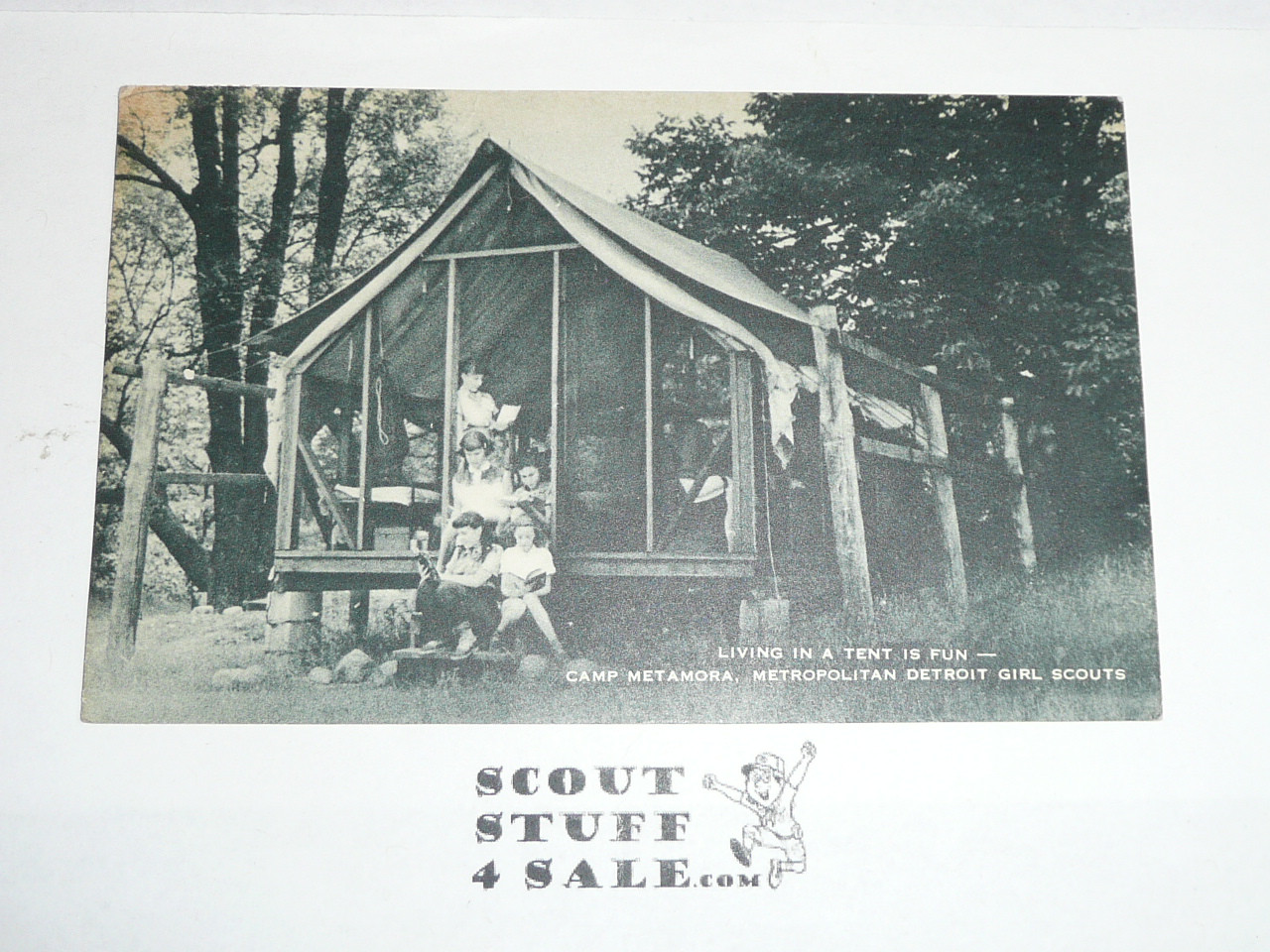 Girl Scout Post card, Camp Metamora, Living in a Tent is Fun, Metropitan Detroit Council, 1957